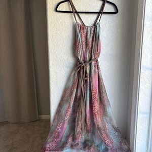 Womens S Boho Halter Tie Dress Watercolor Pink Teal Brown Boho Halter Fairycore